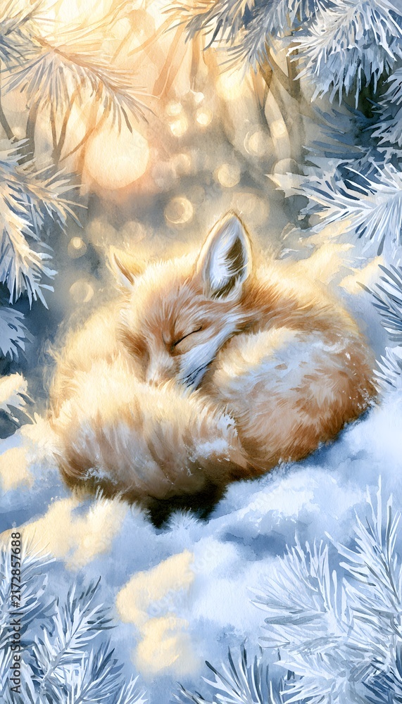 Naklejka premium Watercolor painting of a fluffy red fox sleeping peacefully among snowy pine trees in soft light