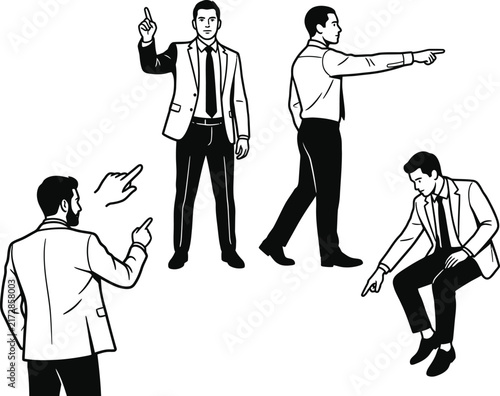 Businessman gestures indicating direction in various poses during a presentation