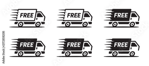 Foto Free delivery service truck icons set with motion lines and text isolated on transparent grid