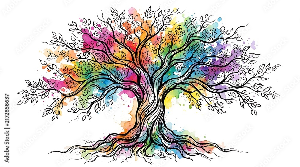 Fototapeta premium Abstract Colorful Watercolor Tree of Life with Artistic Line Art Branches and Roots on White Background