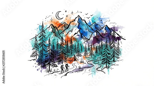 Watercolor Mountain Landscape with Hikers Camping in Pine Forest Under Night Sky