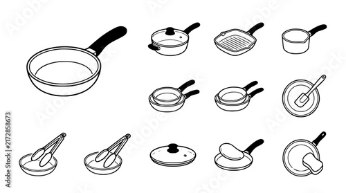 Фотография Black and White Line Art Icons of Various Cooking Pans and Utensils for Food Ind