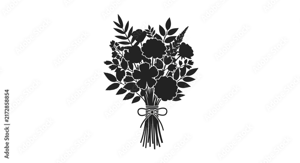 Fototapeta premium Bouquet of flowers with leaves with black silhouette bouquet illustration arrangement background graphic elegant floral design simple