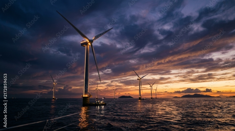 Obraz premium Offshore wind turbines at sunset over ocean waters