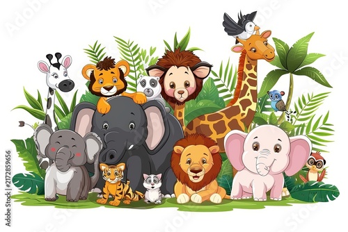 A vibrant cartoon collection of various jungle animals and lush foliage, showcasing a whimsical and friendly gathering of creatures.