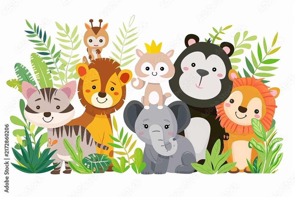 Naklejka premium A charming group of cartoon jungle animals, including a giraffe, lion, elephant, monkey, and raccoon, stand together amidst lush green foliage, creating a whimsical and playful scene.