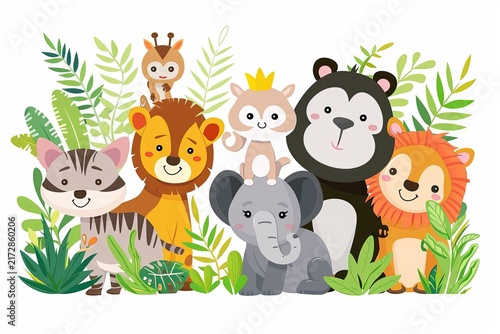A charming group of cartoon jungle animals, including a giraffe, lion, elephant, monkey, and raccoon, stand together amidst lush green foliage, creating a whimsical and playful scene.