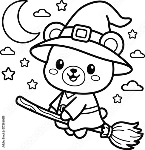 Cute cartoon bear witch flying on a broomstick with moon and stars for halloween coloring page