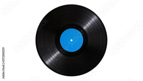 Fotografía Black vinyl record with blue label, isolated on transparent background