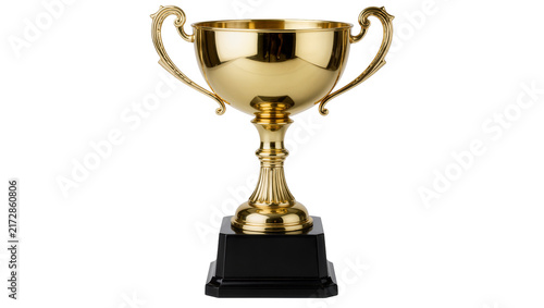 Bild auf Leinwand Shiny golden trophy with two handles and black base, isolated on transparent bac