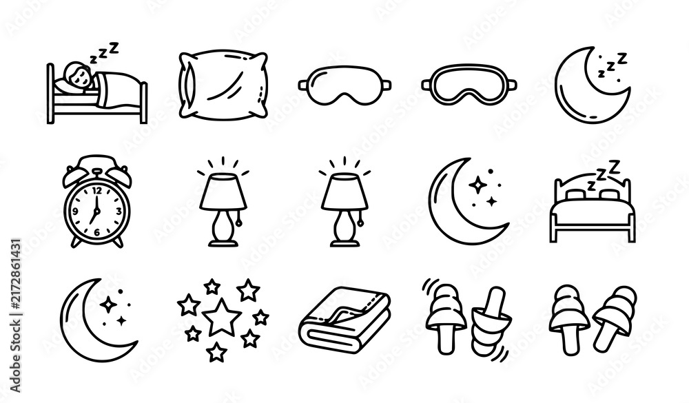 Fototapeta premium Collection of bedroom and nighttime elements including bed, pillow, alarm clock, lamps, moon and sleeping symbols