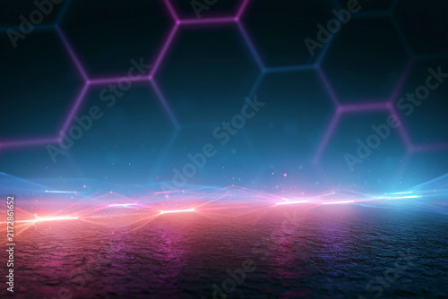 Neon hexagons glow softly in deep blue. Pink and blue lights streak across a dark, wet surface. Reflective terrain mirrors the radiant glow above. This futuristic scene evokes mystery and wonder