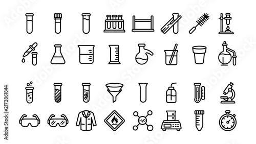 Принти на полотні Black line icons of laboratory equipment and science tools on white