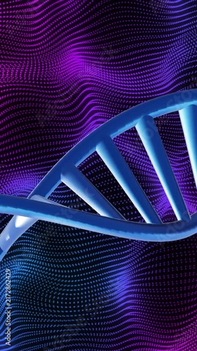 DNA strand over vibrant, wavy purple and blue animation background