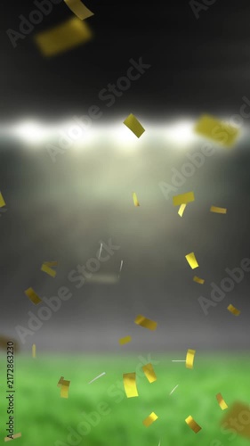 Animation of golden confetti falling over empty sports stadium