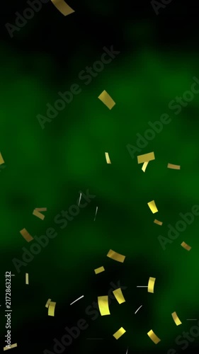Animation of golden confetti falling over glowing green background