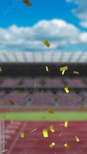 Animation of gold confetti falling over empty sports stadium