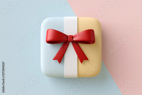 Soft pastel gift box with red ribbon bow. Minimalist background enhances elegant presentation. Ideal for festive, romantic, or celebratory contexts. Sleek design appeals to gift, holiday