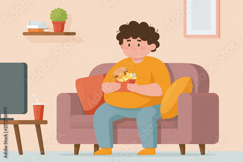 Young man relaxes, eating fast food while watching TV. He holds a burger and drink, seated on a couch. Couch has cushions and a side table with a cup. Shelf above holds a plant and books