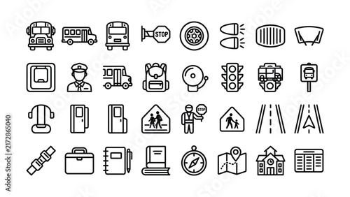 school bus transportation icons for logistics and educational services