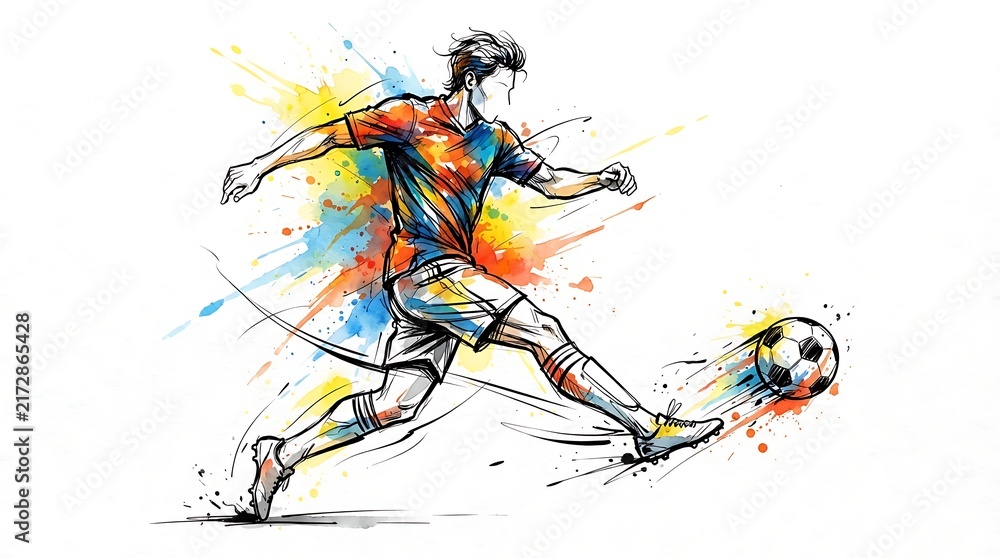 Obraz premium Dynamic Watercolor Illustration of a Professional Football Player Kicking a Soccer Ball with Vibrant Splash Effects on White Background