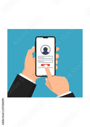 Flat illustration of hands holding a smartphone displaying a secure account login page with username and password fields on a blue background.