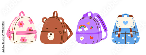 Cute School Backpack set with bear, floral, senim and decorative designs. Back to school, education, kindergarten, preschool, stickers, and children projects concept. Vector illustration