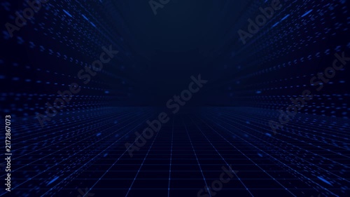 Cyber road technology background with glowing blue grid floor, fast light trails, and dark digital depth for gaming, tech intro, motion design, and data visualization.