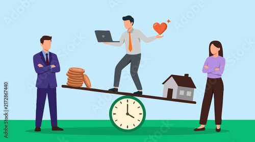 Work-life balance concept: Man balancing career, finances, home, and personal life