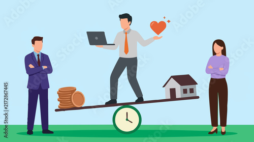 Work-life balance concept: man on seesaw with laptop, heart, money, house, time