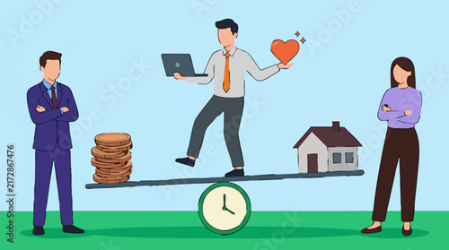 Work-life balance concept with person managing career, finances, and personal values