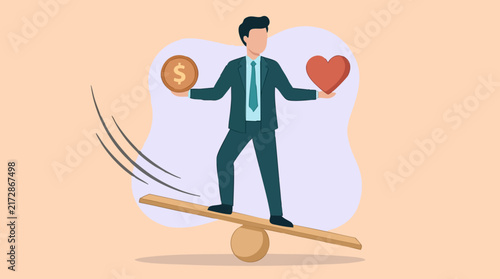 Businessman Balancing Money and Heart: Work-Life Balance Illustration