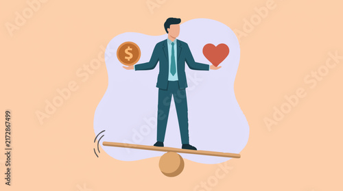 Businessman balancing money and heart on a seesaw, work-life balance concept