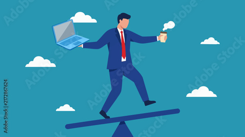 Businessman Balancing Laptop and Coffee on Seesaw Illustrating Work-Life Balance