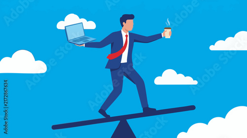 Work-life balance concept: Businessman on seesaw with laptop and coffee