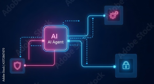 Neon ai agent digital technology concept with interconnected glowing lines and icons showing artificial intelligence process automation network security and data management systems