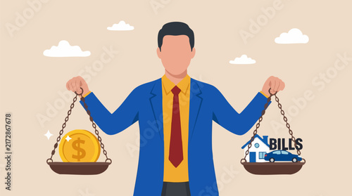 Businessman balancing money and expenses on a scale, financial management concept