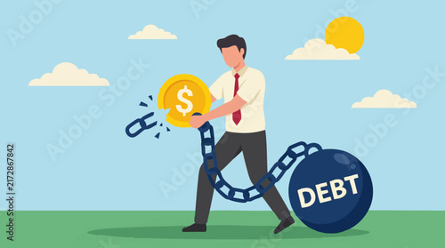 Businessman breaking debt chain with money, financial freedom concept
