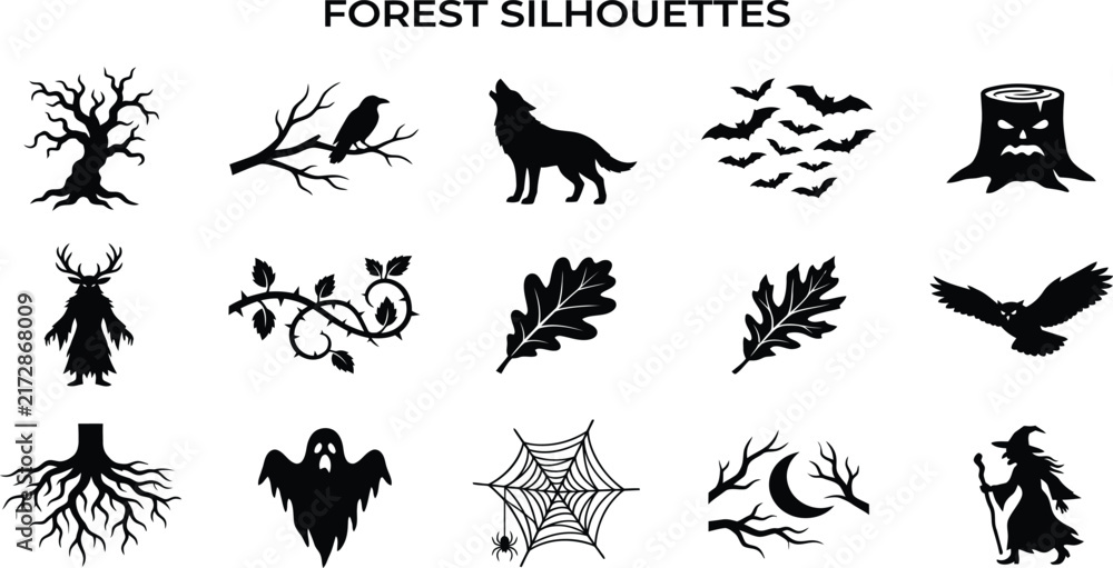 Naklejka premium Haunted forest silhouette icon set with spooky Halloween elements