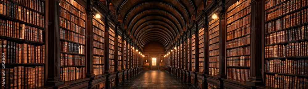 Fototapeta premium Grand vintage library interior with tall bookshelves and warm lighting