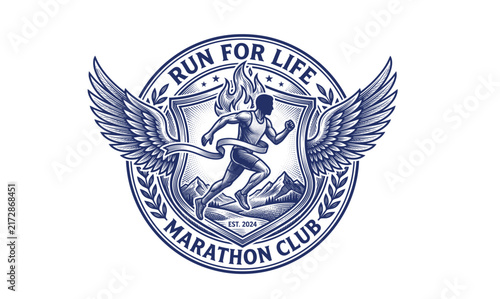 Marathon running sports logo. Vector illustration with running man. Badge design