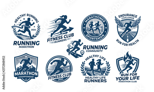 Sport logo. Healthy running marathon athletes sprinting badges vector collection isolated. Illustration runner fitness club, marathoner sportsman