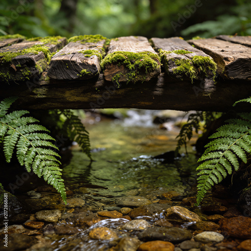 Wooden bridge over forest stream with ferns and moss