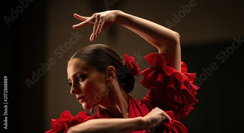 Flamenco dancer in red dress performing on stage.
