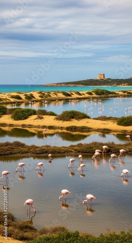 Flamingos in a coastal lagoon with distant lighthouse.