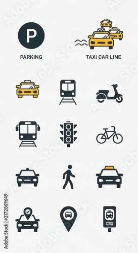 Flat Design Transportation and Parking Icons Collection.