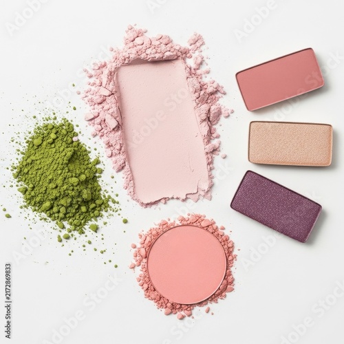 Flat lay of colorful makeup products and green powder.