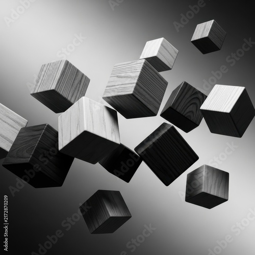 Floating Black and White Cubes in Abstract Space.