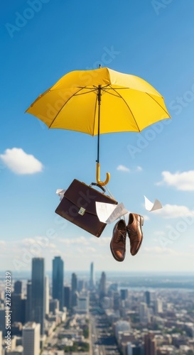 Floating briefcase under yellow umbrella over city skyline.