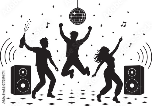 Three Silhouette Dancers Between Speakers Under Disco Ball with Music Notes